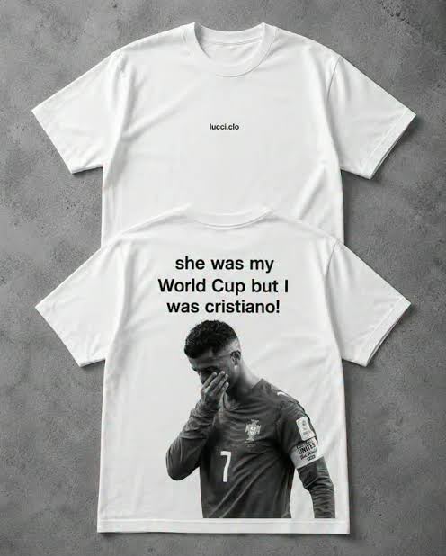 White graphic T-shirt sample featuring a football meme